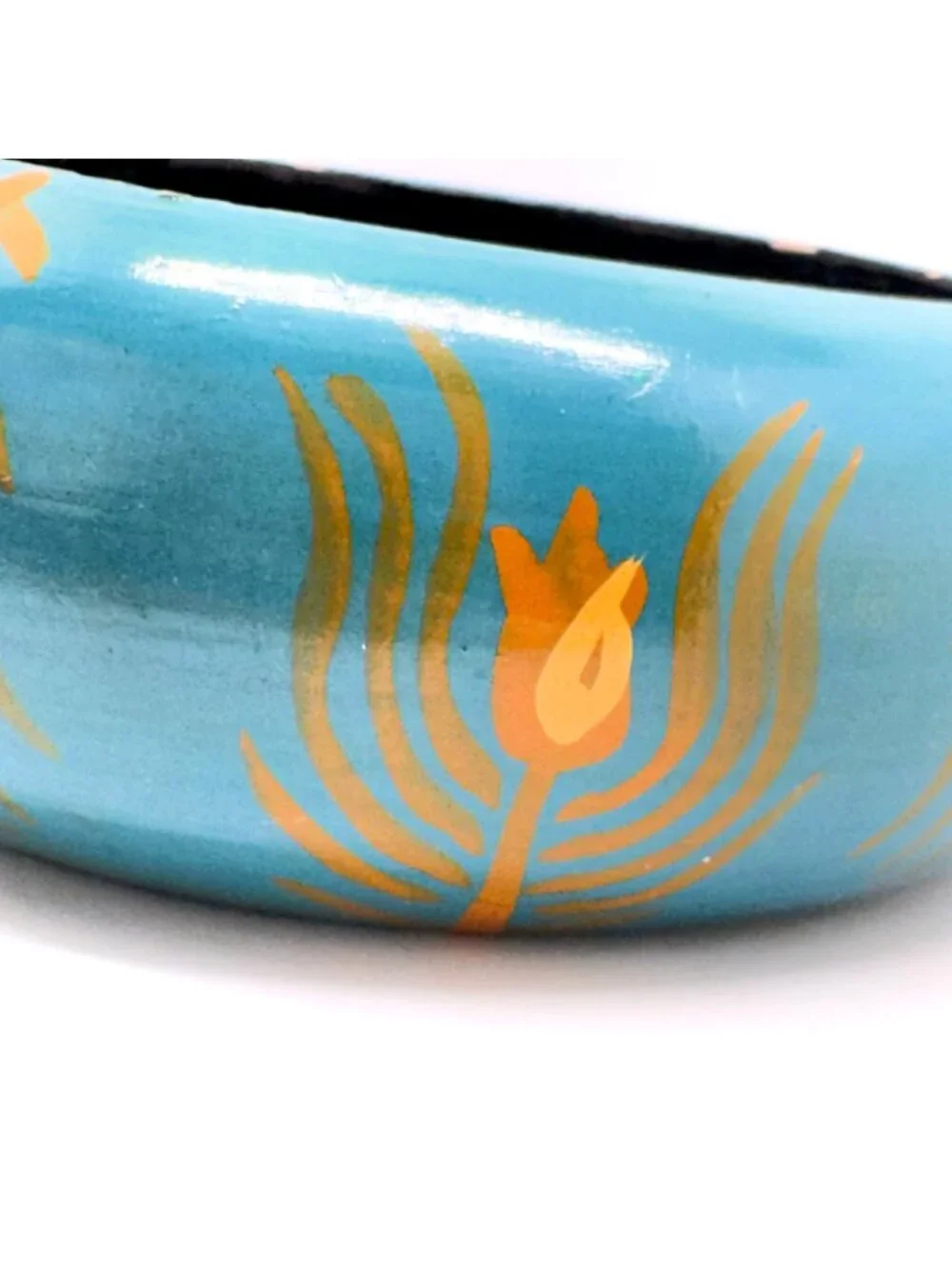Hand-Painted Blue Wooden Bangle With Orange & Gold Leaf Motifs Size 7